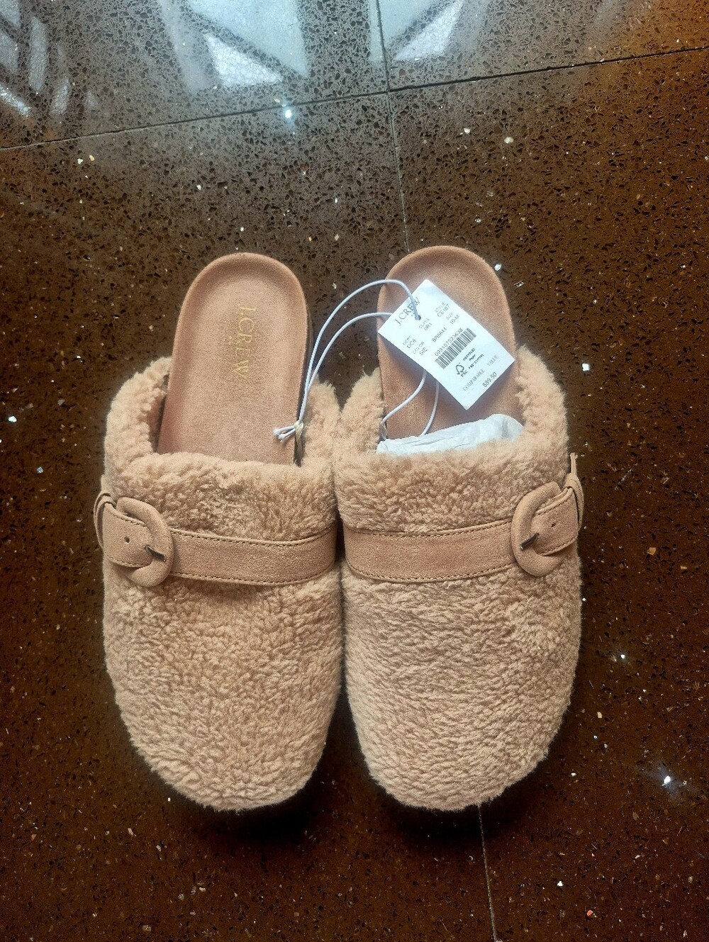 J Crew  Plush Teddy Slip-On Mules with Buckle - Beige